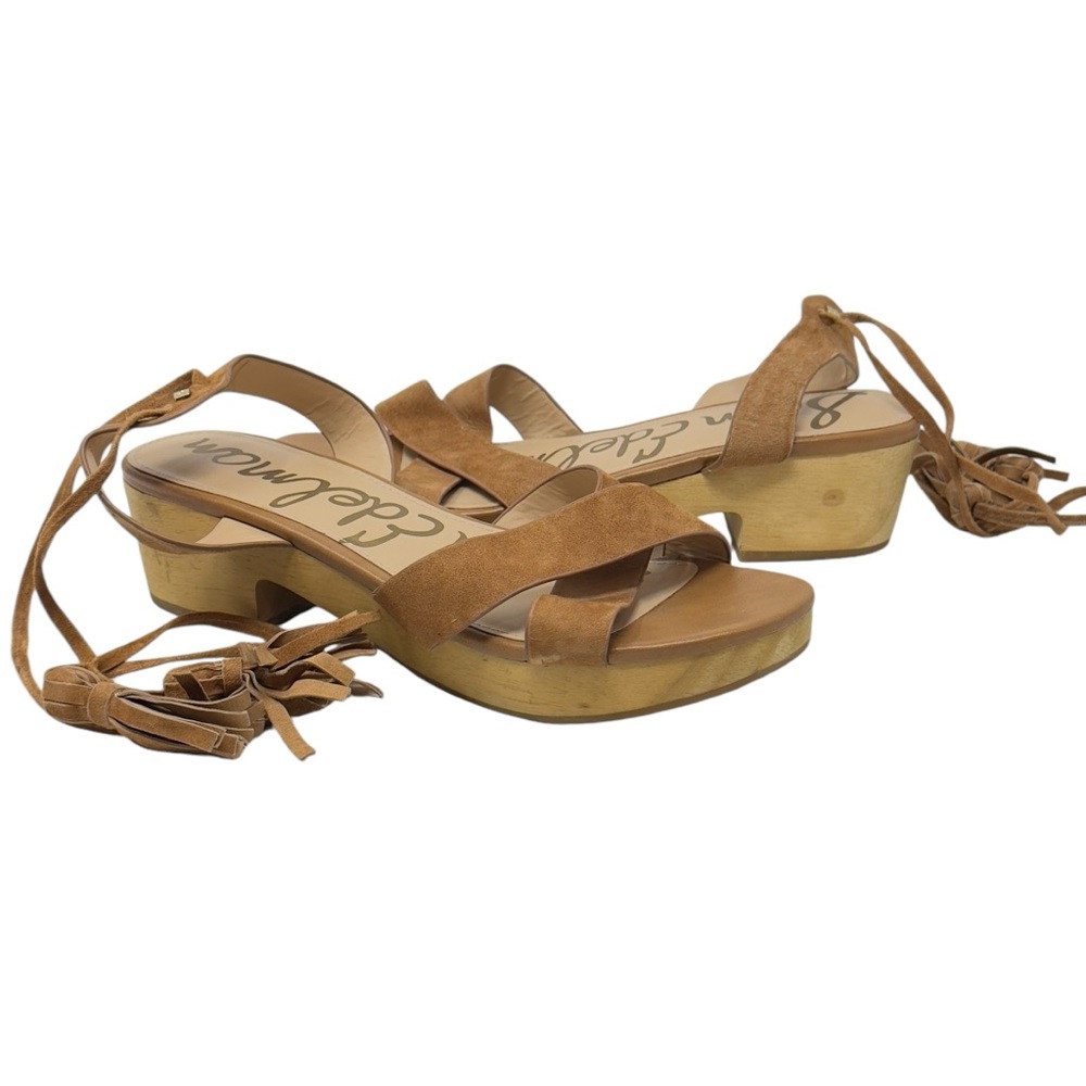 Sam Edelman Jenna Sandal Tab Suede Platform Ankle Wrap Wood Womens Size 9 1/2 M